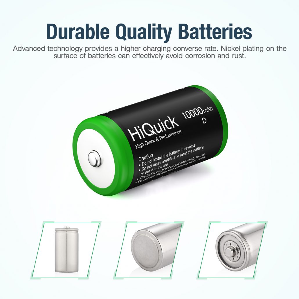 HiQuick D Rechargeable Batteries, 10000mAh 1.2V NiMH PerCharged D Cell Long Lasting D Size