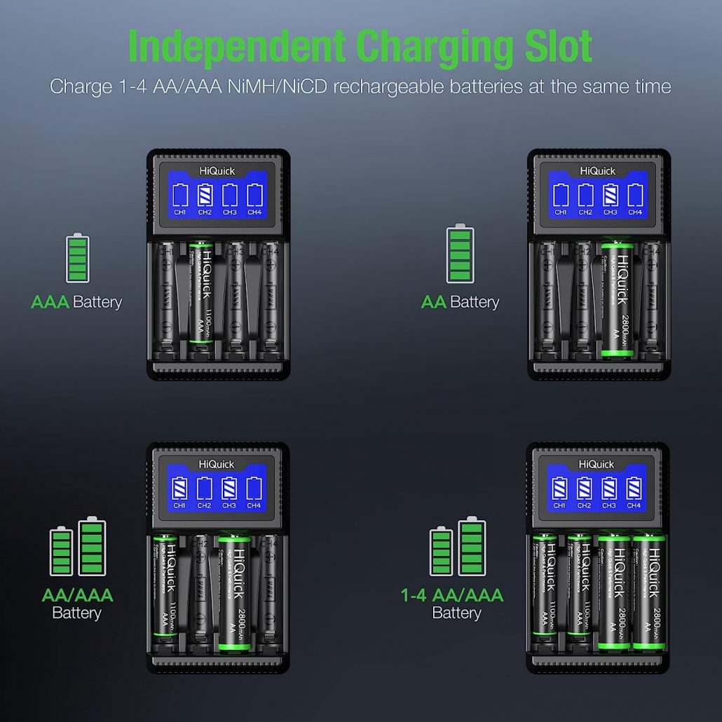 HiQuick 8 Bay Smart Battery Charger With AA & AAA Rechargeable Batteries Fast Charging Household Battery Charger And Aa 2800mah Batteries 4 Pack Aaa 1100mah Batteries 4 Pack